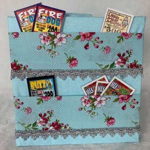 Handmade bingo pull tab tip jar, playing card caddy holder, turquoise floral